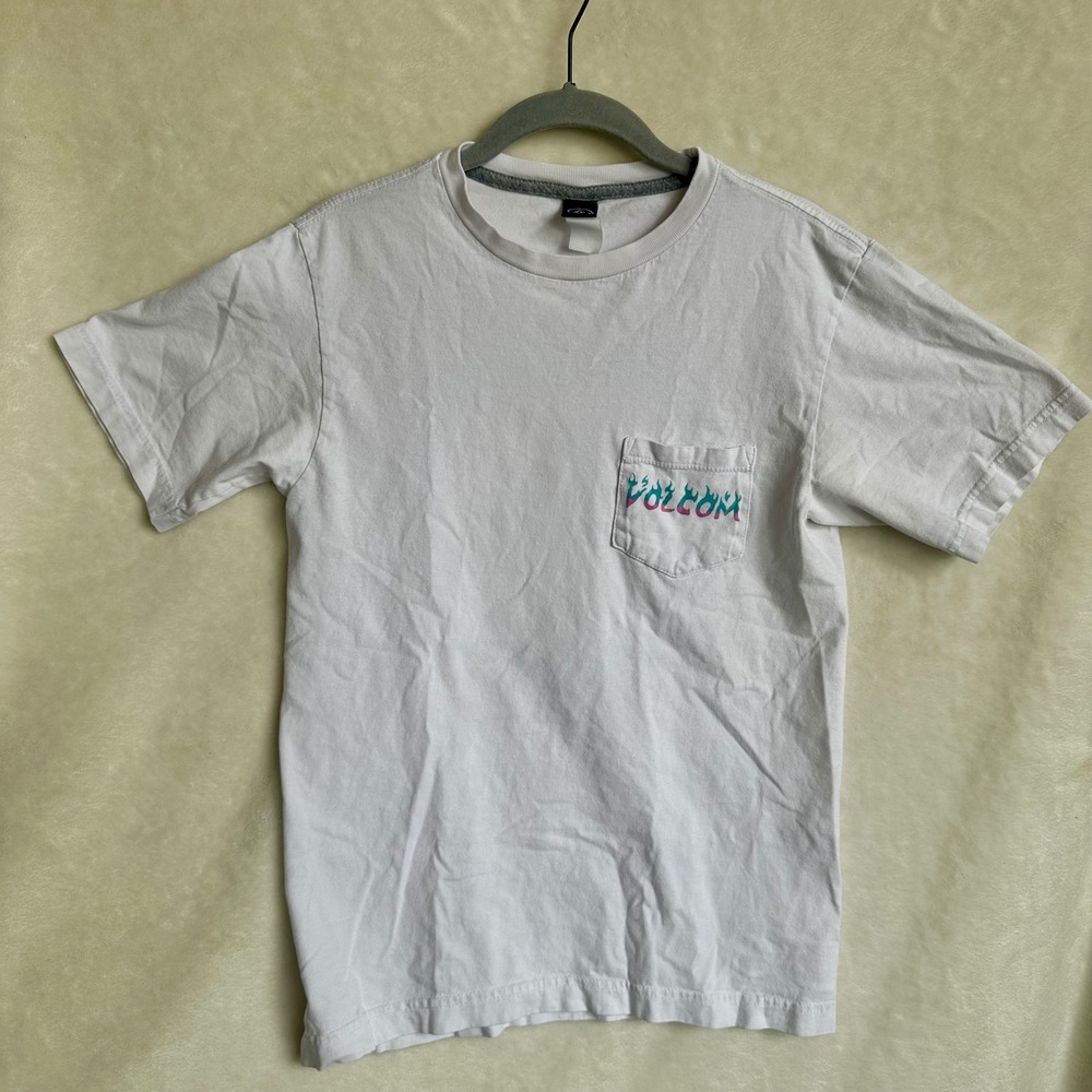 Volcom Skull Flame Graphic T Shirt S Small White Large Back Print Skate Surf Tee